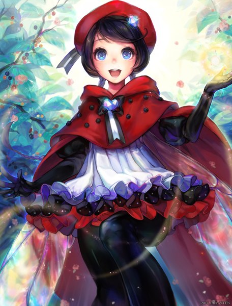Anime picture 800x1053 with original jit single tall image looking at viewer short hair open mouth blue eyes black hair girl dress gloves flower (flowers) petals elbow gloves beret crystal