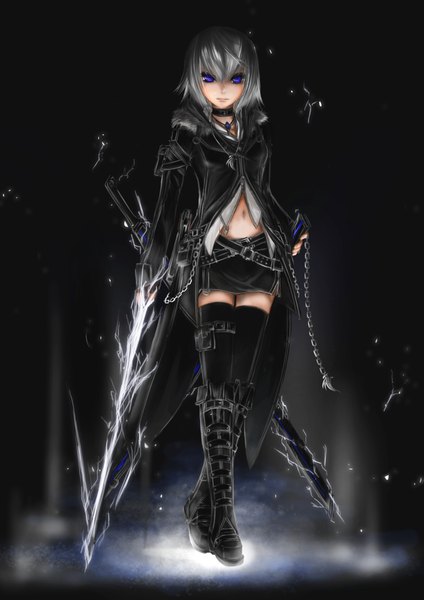 Anime picture 1654x2339 with original closedbox (artist) tall image looking at viewer short hair blue eyes silver hair zettai ryouiki dark background girl thighhighs navel weapon black thighhighs miniskirt sword belt pendant thigh boots chain