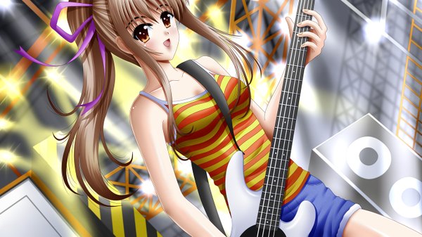 Anime picture 1366x768 with ilolamai single long hair open mouth brown hair wide image twintails orange eyes girl guitar