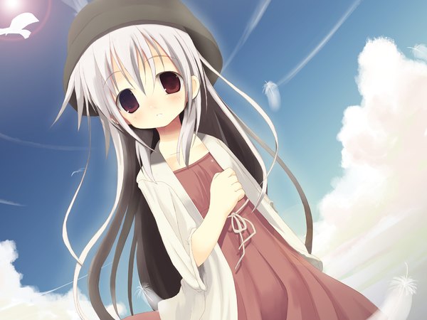 Anime picture 1600x1200 with original shiro (octet) long hair blush red eyes sky silver hair cloud (clouds) sunlight girl feather (feathers) cap