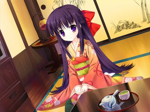 Anime picture 1024x767 with yuyukana yuyuzuki ako mitha long hair black hair purple eyes game cg japanese clothes girl kimono