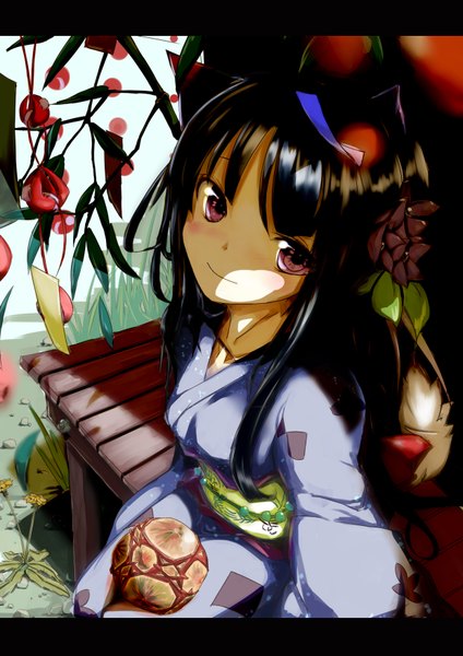Anime picture 2480x3508 with original ana dogukishi (artist) long hair tall image highres black hair red eyes animal ears japanese clothes light smile girl kimono