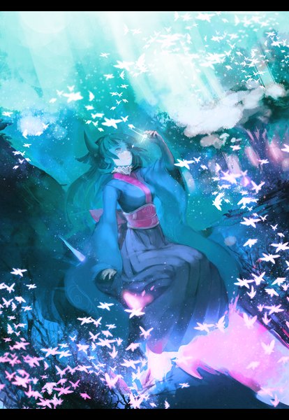Anime picture 1450x2100 with original eryngii yoko single long hair tall image short hair sitting tears crying girl dress plant (plants) tree (trees) belt insect butterfly
