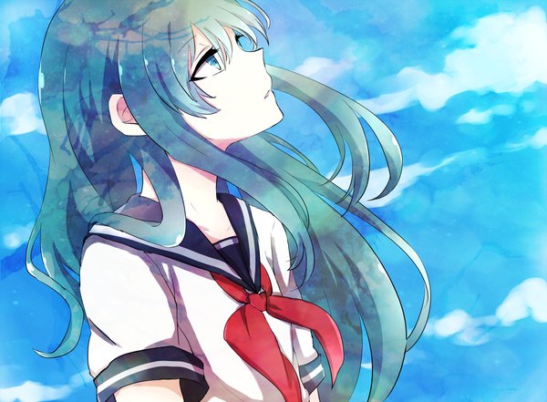 Anime picture 1000x735 with original ringomaru single long hair blue eyes sky cloud (clouds) profile wind aqua hair looking up girl uniform serafuku