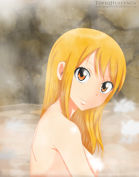 Anime picture 1965x2500 with fairy tail lucy heartfilia tofiqhuseynov single long hair tall image highres light erotic blonde hair smile brown eyes looking back censored nude coloring convenient censoring steam girl onsen