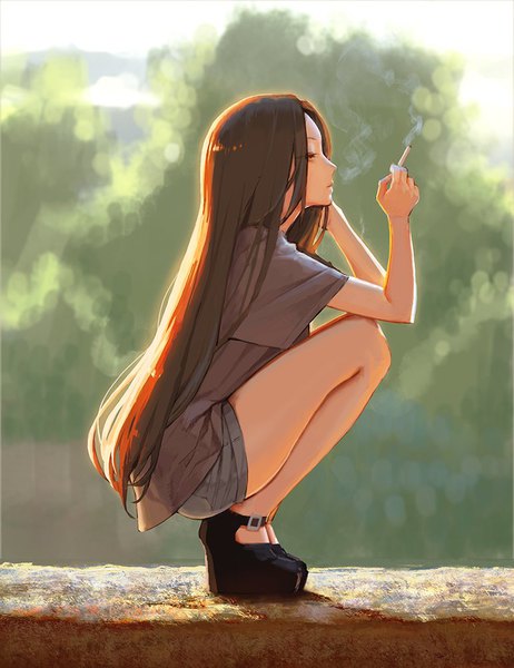 Anime picture 771x1000 with original aro (charged time out) single long hair tall image brown hair brown eyes looking away full body outdoors profile wide sleeves smoke squat smoking girl shorts short shorts t-shirt cigarette