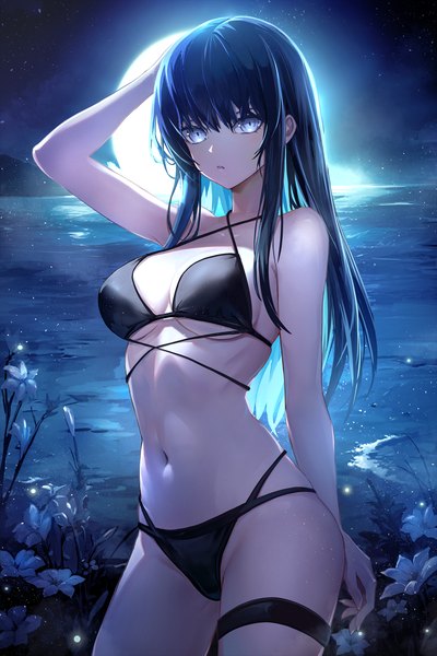 Anime picture 1707x2560 with blue archive saori (blue archive) saya kuroha single long hair tall image looking at viewer fringe highres breasts open mouth blue eyes light erotic black hair large breasts standing payot outdoors blunt bangs multicolored hair