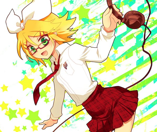 Anime picture 1000x838 with vocaloid kagamine rin miyu (matsunohara) single blush short hair open mouth blonde hair smile holding green eyes pleated skirt open collar girl skirt hair ornament bow hair bow miniskirt shirt