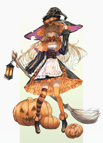 Anime picture 1353x1867 with touhou kirisame marisa safutsuguon single long hair tall image looking at viewer fringe simple background blonde hair hair between eyes standing white background yellow eyes full body braid (braids) side braid halloween adjusting hat different thighhighs