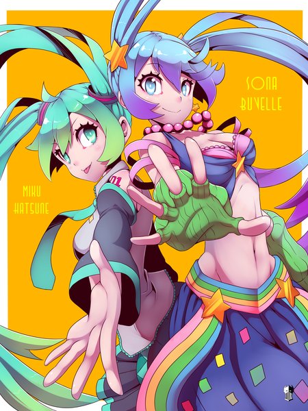 Anime picture 3600x4800 with league of legends vocaloid hatsune miku sona buvelle arcade sona (league of legends) azure (pixiv id1964035) tall image looking at viewer highres blue eyes smile twintails multiple girls green eyes blue hair absurdres very long hair green hair tattoo girl
