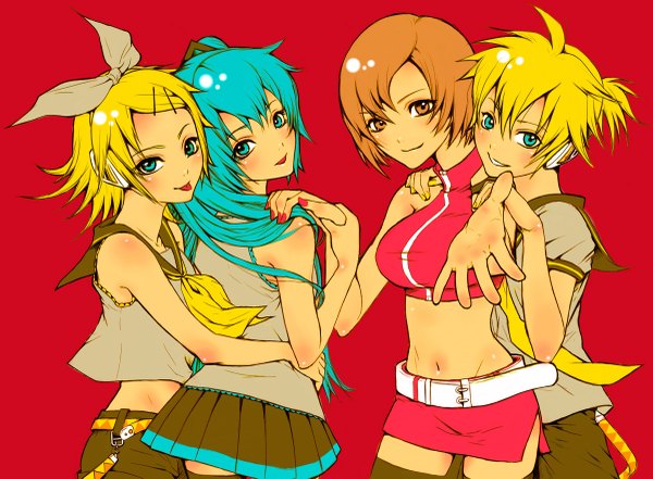 Anime picture 1200x883 with vocaloid hatsune miku kagamine rin kagamine len meiko nayu long hair looking at viewer fringe short hair blonde hair simple background hair between eyes brown hair multiple girls brown eyes pleated skirt aqua eyes aqua hair midriff