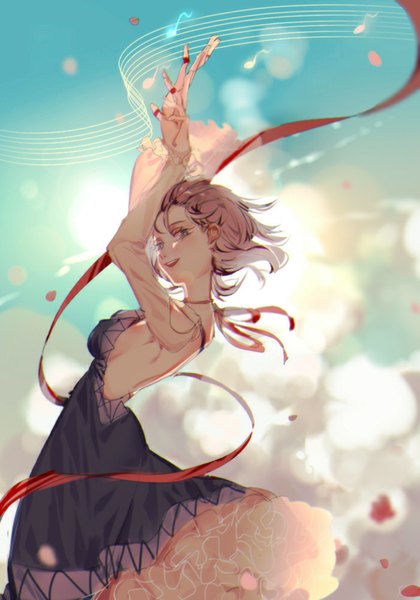 Anime picture 700x1000 with touhou tsukumo yatsuhashi tian (my dear) single tall image looking at viewer blush short hair open mouth brown hair brown eyes sky cloud (clouds) wind arms up alternate costume girl dress ribbon (ribbons) petals
