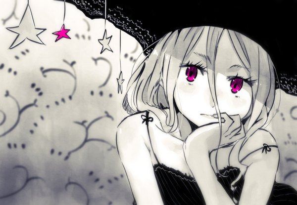 Anime picture 1061x734 with original hrd single long hair blush blonde hair bare shoulders pink eyes off shoulder arm support finger to mouth monochrome girl star (symbol) sundress