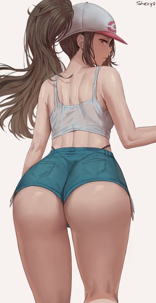 Anime picture 1809x3500 with pokemon pokemon black and white nintendo hilda (pokemon) shexyo single long hair tall image looking at viewer highres light erotic simple background brown hair standing bare shoulders brown eyes signed payot ass ponytail