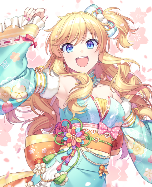 Anime picture 1500x1847 with idolmaster idolmaster cinderella girls ootsuki yui jenevan single long hair tall image looking at viewer blush fringe breasts open mouth blue eyes blonde hair standing payot nail polish traditional clothes :d japanese clothes
