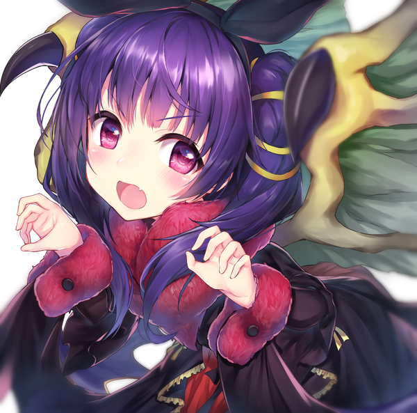 Anime picture 1200x1186 with fire emblem fire emblem heroes fire emblem: the sacred stones nintendo myrrh (fire emblem) topia single long hair looking at viewer blush fringe open mouth simple background white background twintails animal ears purple hair blunt bangs pink eyes fang (fangs)