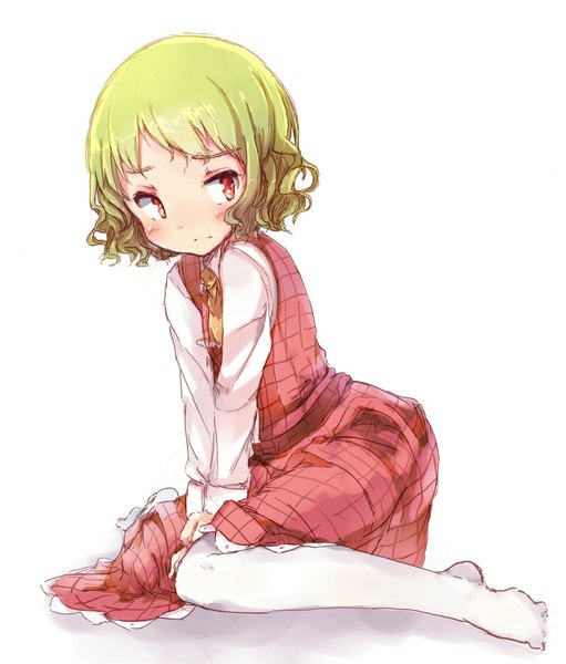 Anime picture 780x916 with touhou kazami yuuka flan (harry mackenzie) single tall image blush fringe short hair simple background red eyes white background sitting looking away green hair no shoes wariza girl skirt pantyhose skirt set