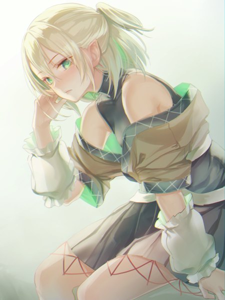 Anime picture 1800x2400 with touhou mizuhashi parsee usotsuki penta single tall image looking at viewer blush fringe highres short hair simple background blonde hair hair between eyes sitting bare shoulders green eyes off shoulder half updo girl