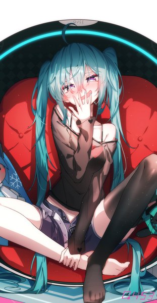 Anime picture 907x1750 with vocaloid hatsune miku qys3 single tall image looking at viewer blush fringe open mouth smile hair between eyes white background sitting purple eyes twintails signed payot ahoge bent knee (knees) long sleeves