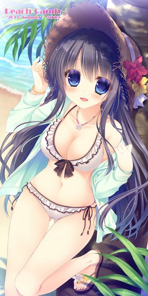 Anime picture 500x1000 with original yukie (peach candy) single long hair tall image looking at viewer blush breasts open mouth blue eyes light erotic black hair girl navel flower (flowers) swimsuit hat bikini