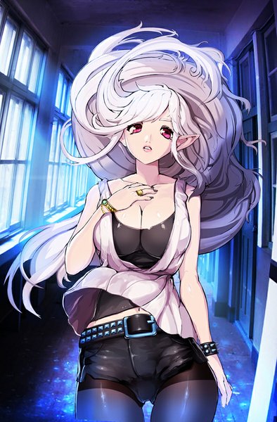 Anime picture 592x900 with original zonmin single long hair tall image looking at viewer breasts light erotic red eyes large breasts standing bare shoulders white hair indoors parted lips fingernails pointy ears hand on chest long fingernails girl