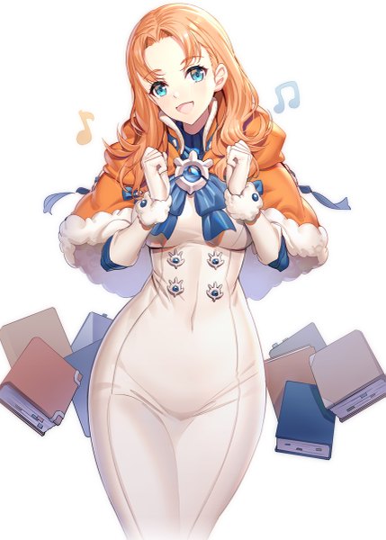 Anime picture 859x1200 with fire emblem fire emblem: three houses nintendo annette fantine dominic ririko (zhuoyandesailaer) single long hair tall image looking at viewer blush fringe breasts blue eyes simple background smile standing white background head tilt orange hair fur trim