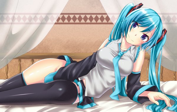 Anime picture 1000x635 with vocaloid hatsune miku jack dempa single long hair looking at viewer blush blue eyes light erotic smile twintails bare shoulders aqua hair girl thighhighs skirt black thighhighs detached sleeves necktie