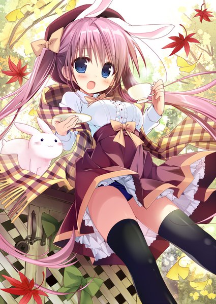 Anime picture 709x1000 with original nagayama yuunon single tall image blush open mouth blue eyes light erotic twintails animal ears pink hair very long hair wind :o bunny ears autumn swimsuit under clothes girl thighhighs black thighhighs