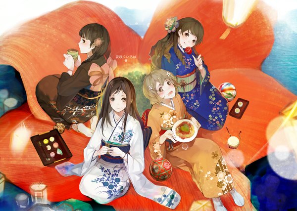 Anime picture 1100x783 with hanasaku iroha p.a. works matsumae ohana oshimizu nako tsurugi minko wakura yuina nineo long hair blush short hair black hair smile brown hair sitting multiple girls brown eyes japanese clothes hair flower black eyes girl