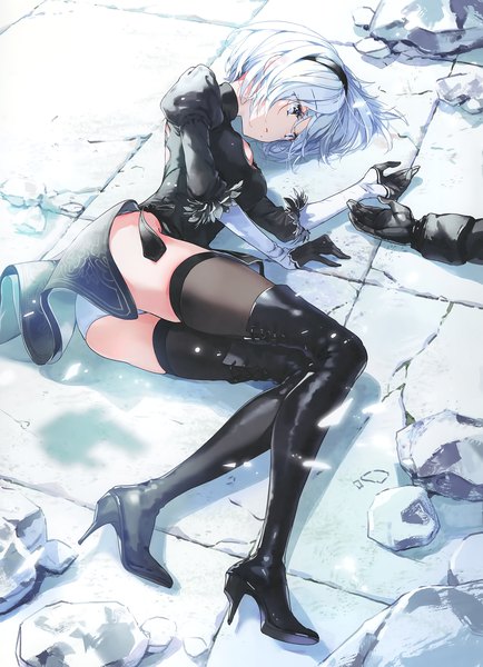 Anime picture 2102x2905 with nier nier:automata yorha no. 2 type b yorha no. 9 type s tiv tall image highres short hair breasts blue eyes light erotic large breasts looking away full body outdoors ass white hair lying long sleeves sunlight