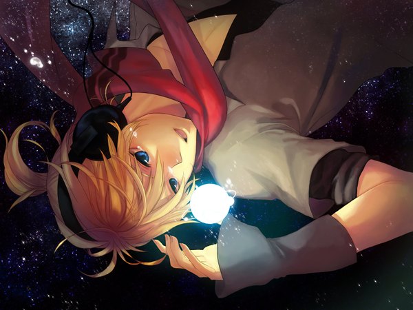 Anime picture 1600x1200 with vocaloid kagamine len kagono (artist) single blue eyes blonde hair night tears space boy headphones scarf star (stars) red scarf