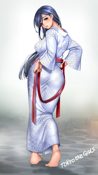 Anime picture 675x1200 with tokyo exe girls masami chie single long hair tall image blush breasts large breasts brown eyes blue hair traditional clothes japanese clothes looking back barefoot inscription copyright name floral print girl kimono
