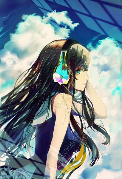 Anime-Bild 709x1040 mit original toto single long hair tall image looking at viewer fringe open mouth smile brown hair bare shoulders sky cloud (clouds) profile aqua eyes girl dress headphones wire (wires) blue dress