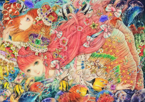 Anime picture 1300x919 with original yogisya long hair looking at viewer open mouth blue eyes smile multiple girls green eyes looking away pink hair braid (braids) hair flower pointy ears twin braids underwater girl hair ornament flower (flowers) ribbon (ribbons)