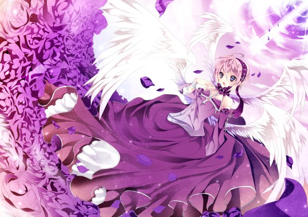 Anime picture 2500x1768 with single highres short hair open mouth blue eyes pink hair girl dress flower (flowers) detached sleeves petals wings hairband