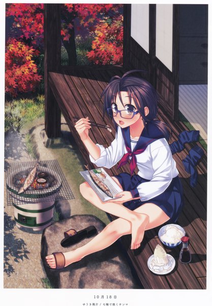Anime picture 5236x7527 with original yuuki keisuke single long hair tall image looking at viewer blush highres open mouth black hair brown eyes absurdres barefoot scan official art bare legs eating girl uniform glasses