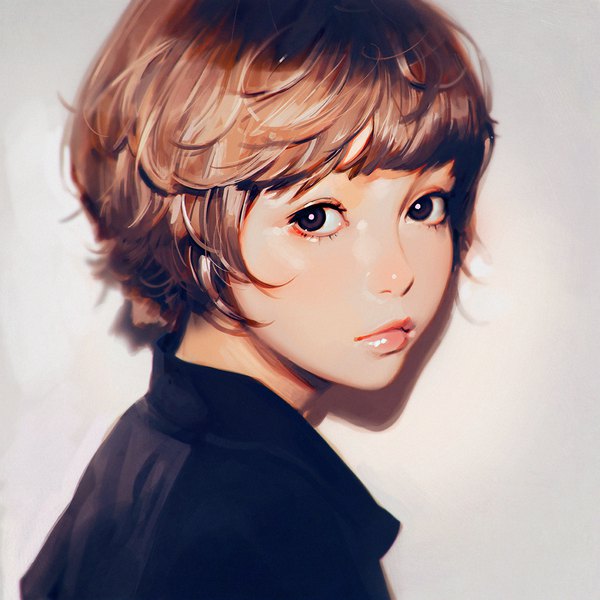 Anime picture 1080x1080 with original ilya kuvshinov single looking at viewer fringe short hair blue eyes simple background brown hair brown eyes upper body blunt bangs looking back lips realistic grey background girl