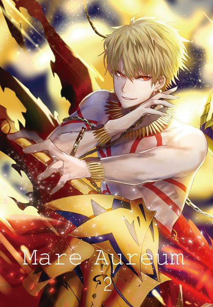 Anime picture 1000x1442 with fate (series) fate/stay night gilgamesh (fate) tarao (13raven) single tall image looking at viewer fringe short hair blonde hair smile hair between eyes red eyes standing outdoors inscription night sparkle night sky topless