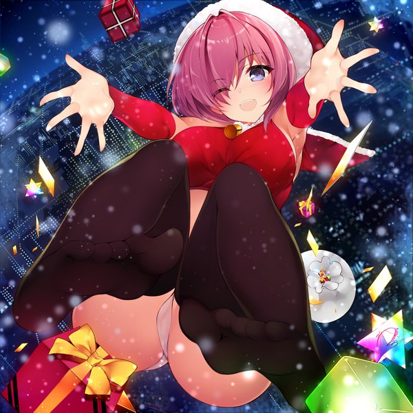 Anime picture 3541x3541 with fate (series) fate/grand order mash kyrielight netarou single looking at viewer blush fringe highres short hair open mouth light erotic purple eyes pink hair absurdres full body one eye closed wink hair over one eye night