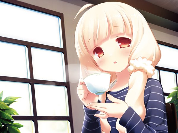 Anime picture 1600x1200 with cafe sourire cuffs (studio) ogiwara kyouko gayarou single long hair looking at viewer blush open mouth blonde hair twintails ahoge :o orange eyes low twintails striped face steam girl shirt