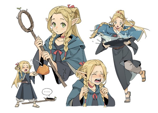 Anime-Bild 4421x3161 mit dungeon meshi studio trigger marcille donato dododo long hair highres open mouth simple background blonde hair white background green eyes absurdres ponytail braid (braids) pointy ears tears twin braids multiview half updo flying sweatdrops