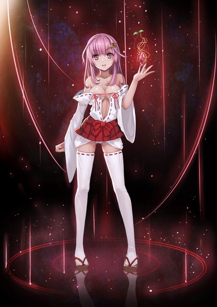 Anime picture 1240x1754 with original musynexsk single long hair tall image looking at viewer breasts light erotic bare shoulders pink hair pink eyes dark background girl thighhighs white thighhighs