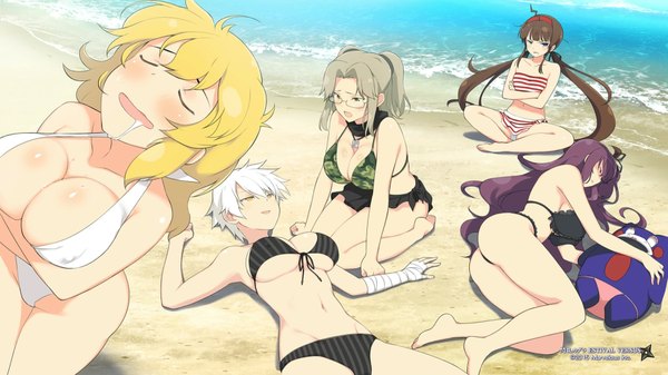 Anime picture 1920x1080 with senran kagura ryoubi (senran kagura) murasaki (senran kagura) miyabi (senran kagura) ryouna (senran kagura) imu (senran kagura) yaegashi nan long hair blush highres short hair breasts blue eyes light erotic blonde hair wide image large breasts sitting twintails multiple girls