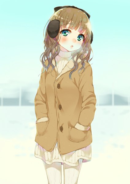 Anime picture 650x919 with original hym9594 single long hair tall image looking at viewer blush fringe brown hair parted lips aqua eyes wavy hair exhalation hands in pockets girl dress ribbon (ribbons) hair ribbon pantyhose white dress