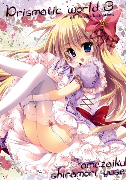 Anime-Bild 2454x3500 mit prismatic world (artbook) shiramori yuse single long hair tall image looking at viewer highres open mouth blue eyes light erotic blonde hair scan inscription legs girl thighhighs dress gloves flower (flowers) bow