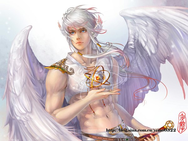Anime picture 1152x864 with yemo0322 single long hair blue eyes simple background holding looking away pink hair white hair multicolored hair magic muscle angel wings head wings angel boy weapon sword wings vest