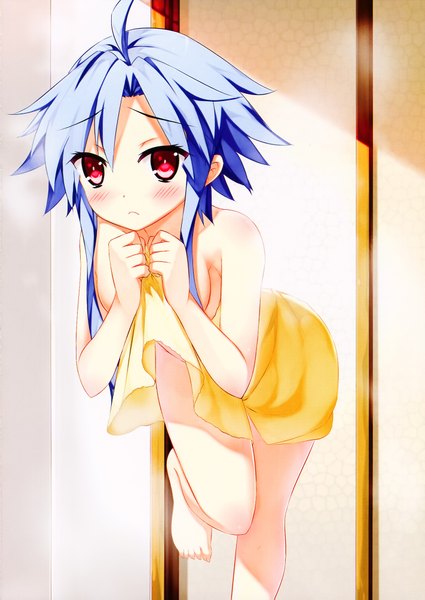 Anime picture 1422x2007 with choujigen game neptune white heart kaho okashii single tall image looking at viewer blush short hair light erotic red eyes blue hair scan naked towel girl towel