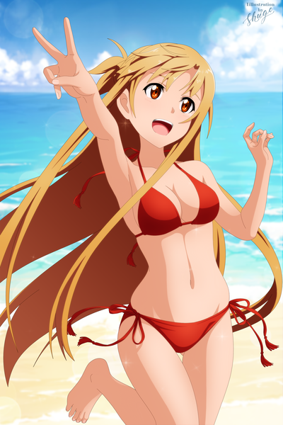 Anime picture 2000x3003 with sword art online a-1 pictures yuuki asuna shugo19 single long hair tall image fringe highres breasts open mouth light erotic smile brown hair large breasts standing brown eyes signed payot looking away