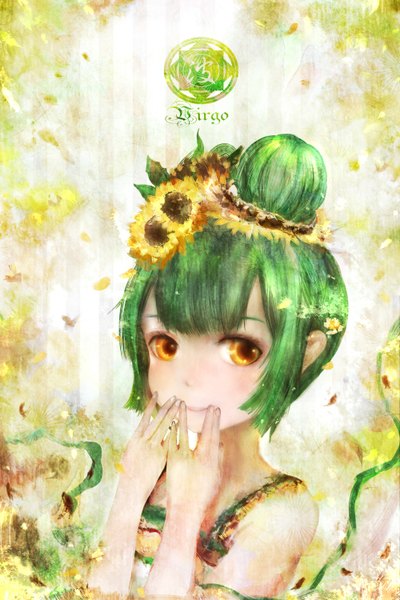 Anime picture 2000x3000 with original zhang xiao bo single tall image looking at viewer highres short hair bare shoulders brown eyes hair flower green hair zodiac virgo (zodiac) girl hair ornament flower (flowers)