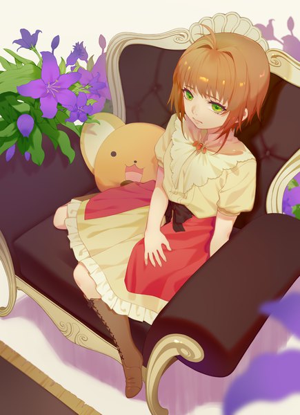 Anime picture 2728x3758 with card captor sakura clamp kinomoto sakura kero (cardcaptor sakura) limao jun single tall image highres short hair brown hair sitting green eyes looking away full body ahoge from above girl dress flower (flowers) knee boots